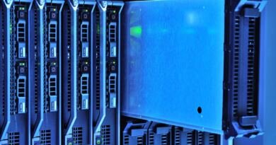Detailed view of server racks with glowing lights in a data center environment