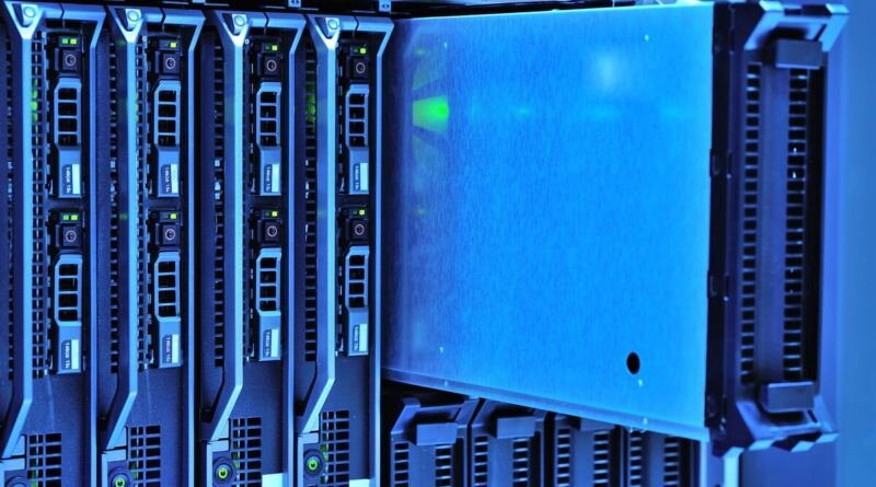 Detailed view of server racks with glowing lights in a data center environment