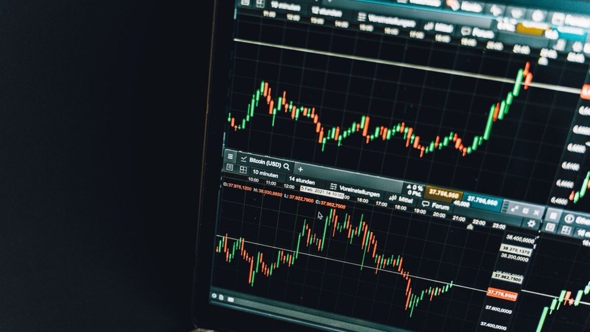 Dark trading terminal with red and green candlestick charts, illustrating market reaction to the Alibaba share placement