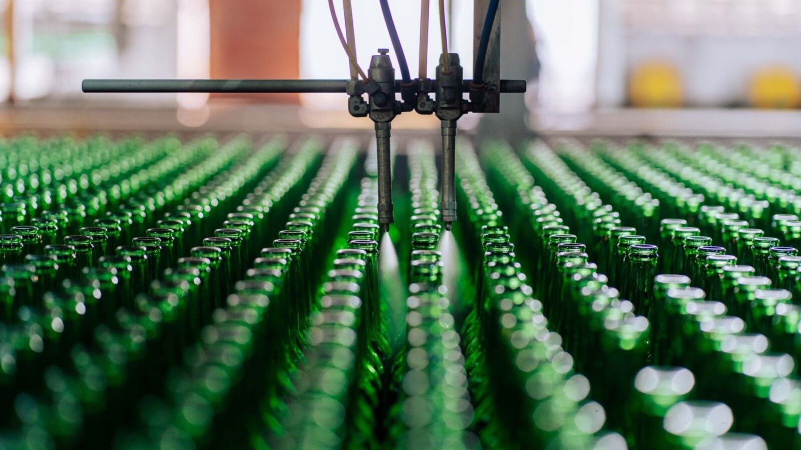 Rows of empty green glass bottles on an automated bottling line, with two machine nozzles suspended above them