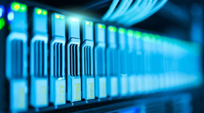 A glowing server rack in a data centre, where Gemini 3.7 Flash runs