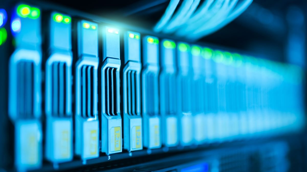 A glowing server rack in a data centre, where Gemini 3.7 Flash runs