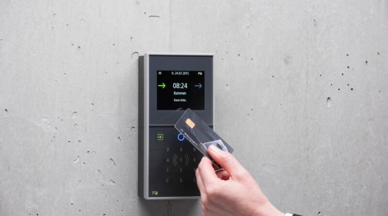 A secure card reader controlling door access, the model Ethyca Astralis applies to enterprise agents