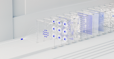 An abstract rendering of a neural network, the pipeline that synthetic training data feeds