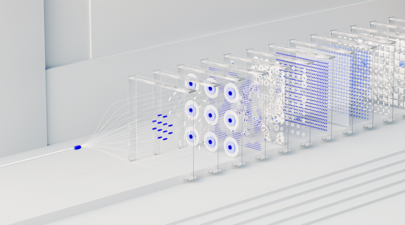 An abstract rendering of a neural network, the pipeline that synthetic training data feeds