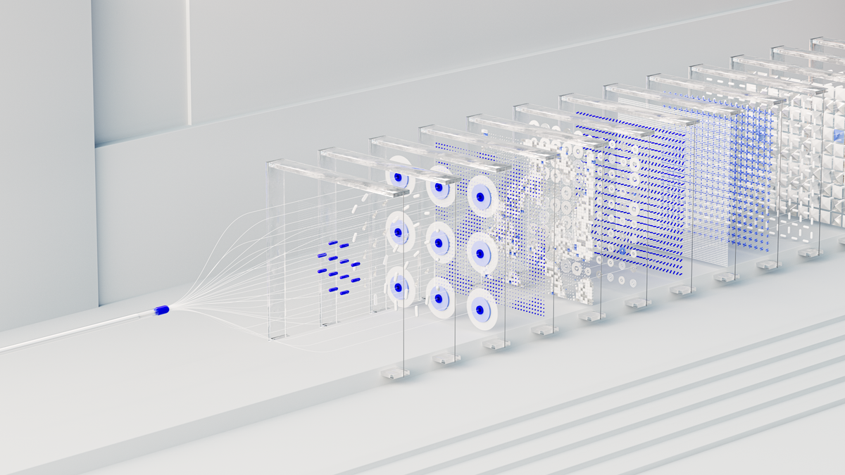 An abstract rendering of a neural network, the pipeline that synthetic training data feeds