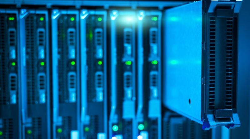 A server rack seen close up, the compute that AI scaling laws describe