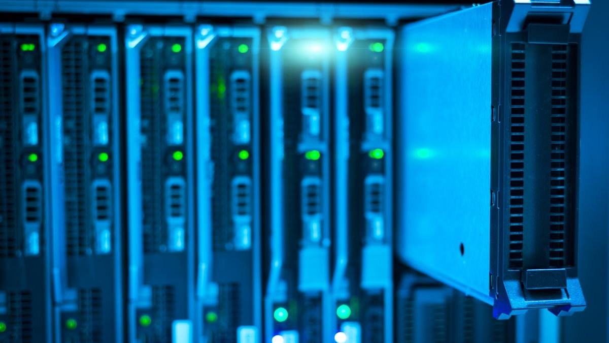 A server rack seen close up, the compute that AI scaling laws describe