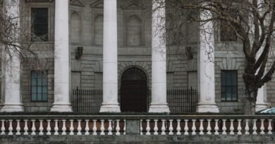 The neoclassical facade of Dublin's Four Courts, a setting for AI copyright disputes