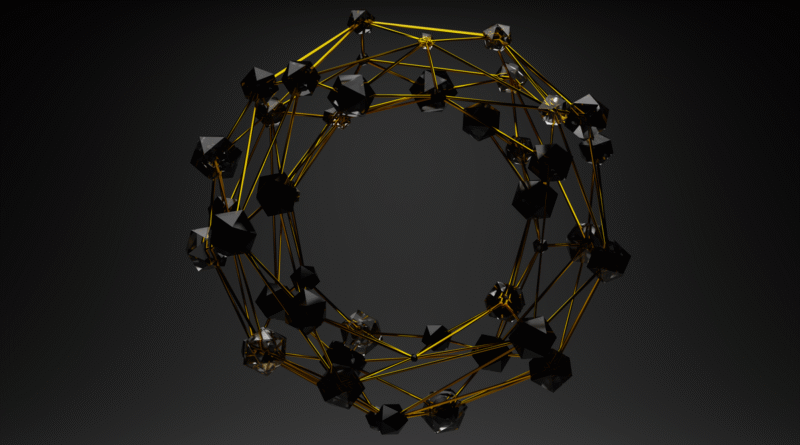 An abstract geometric structure in gold and black, a picture of how vector databases arrange data