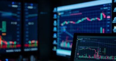 Stock market charts on monitors in a dim room, the figures behind an AI valuation