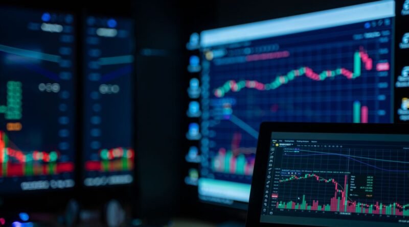 Stock market charts on monitors in a dim room, the figures behind an AI valuation