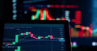 Laptop showing a candlestick trading chart, with blurred red and green market displays on a screen behind it
