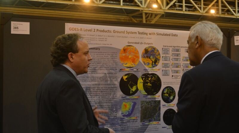 Two researchers in suits discussing a printed scientific poster at a conference poster session, illustrating where ai research news starts before any peer review