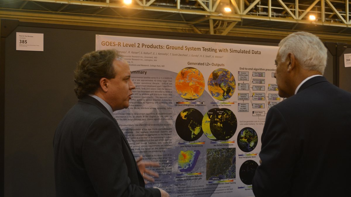 Two researchers in suits discussing a printed scientific poster at a conference poster session, illustrating where ai research news starts before any peer review