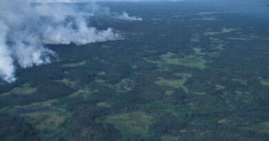 Aerial view of a smoke plume drifting over boreal forest, illustrating the AI4Fire benchmark for wildfire tasks