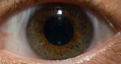 Macro close-up of a human eye with a hazel iris, illustrating the Life Biosciences ER-100 trial