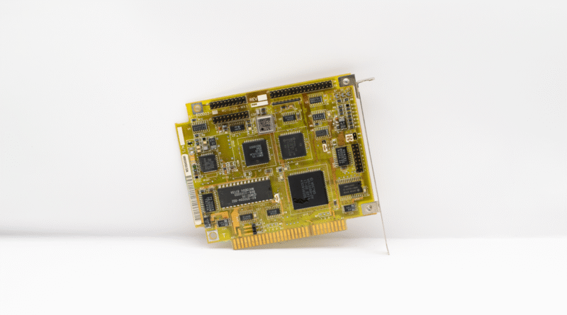 Yellow circuit board on a white background, illustrating OpenAI's delayed GPT-6.1 Astra model