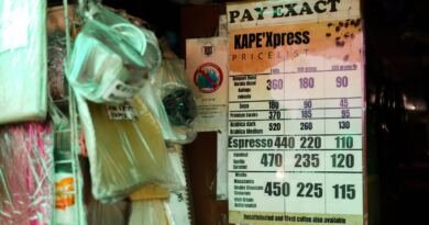 A laminated coffee shop price list board headed PAY EXACT, each blend priced separately by the kilo, by 500 grams and by 250 grams, illustrating LLM pricing published per million tokens.