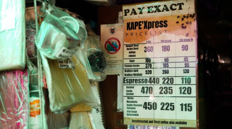 A laminated coffee shop price list board headed PAY EXACT, each blend priced separately by the kilo, by 500 grams and by 250 grams, illustrating LLM pricing published per million tokens.