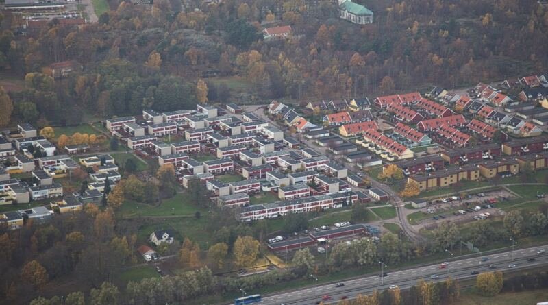 Aerial view of housing blocks and a motorway in Gothenburg, illustrating Nvidia European city AI agents